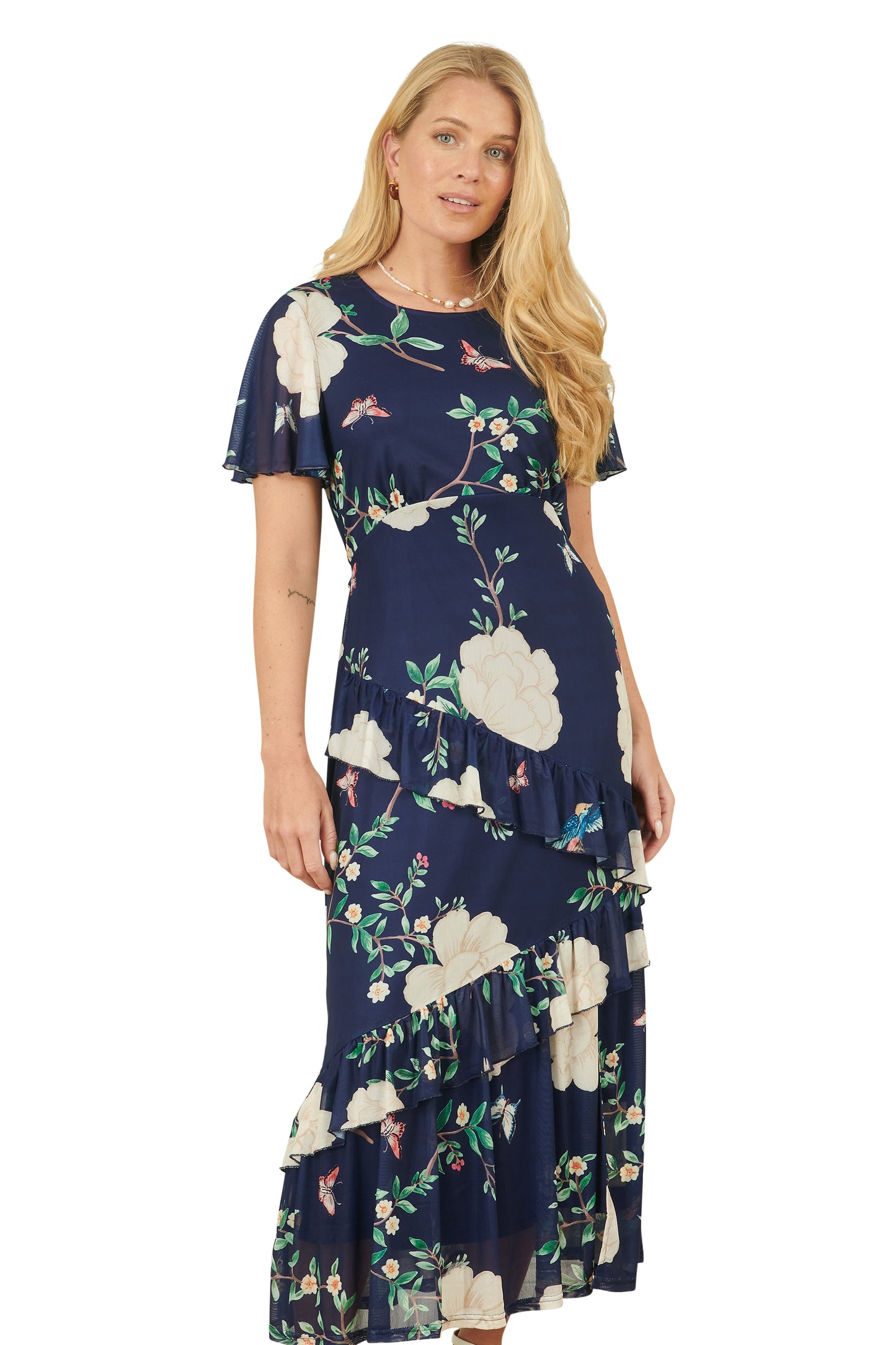 Yumi Navy Mesh Bird And Floral Print Midi Dress With Ruffles Occasionwear Yumi