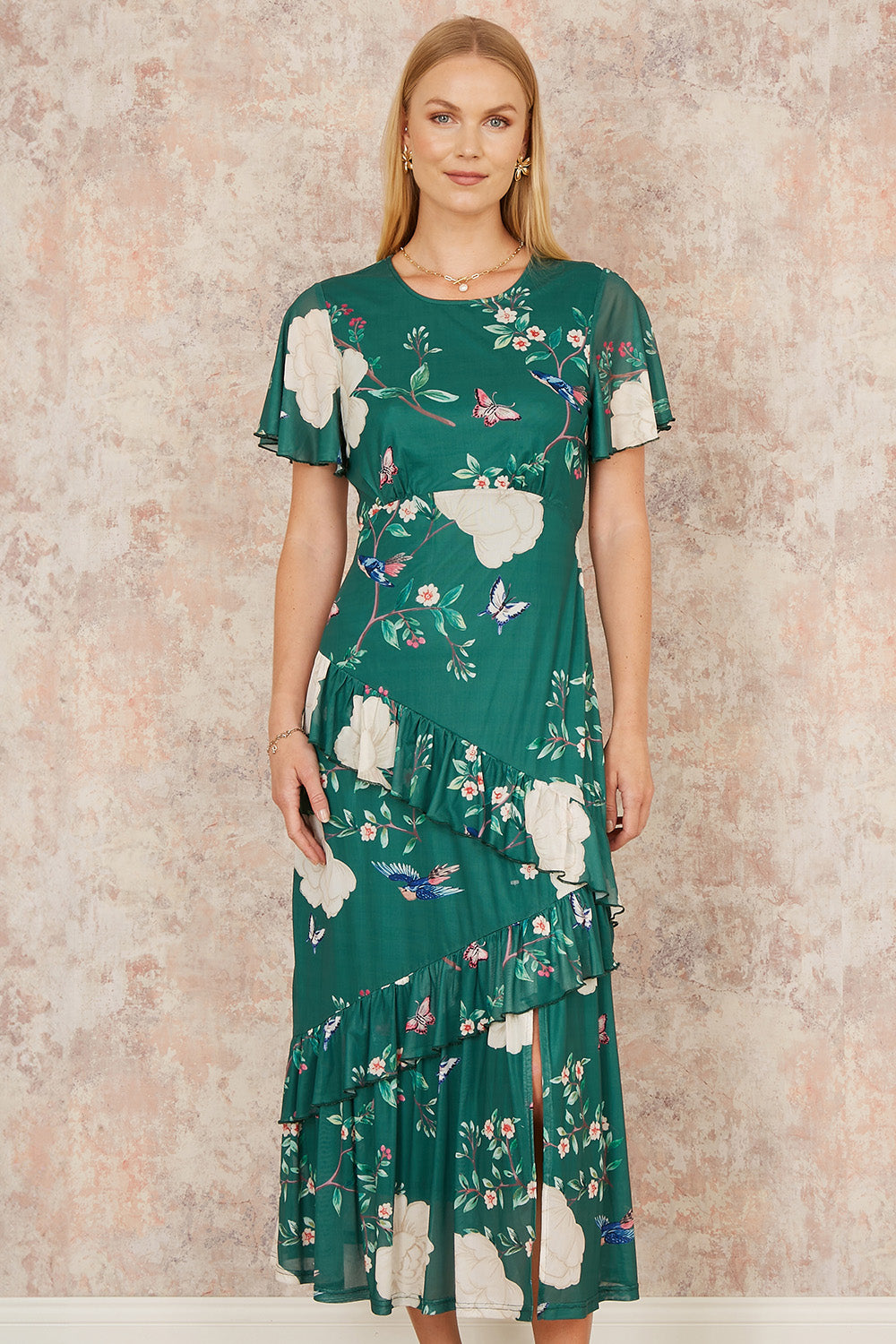 Mesh Bird Floral Print Midi Dress Ruffles