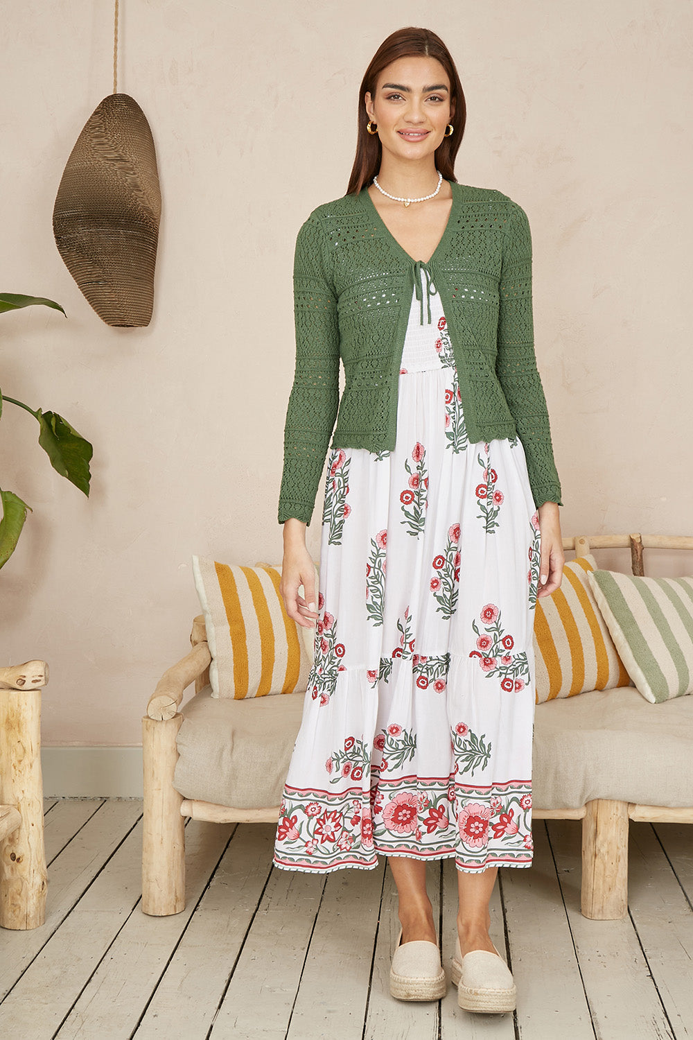 Yumi Green Crochet Tie Front Cardigan | Yumi
