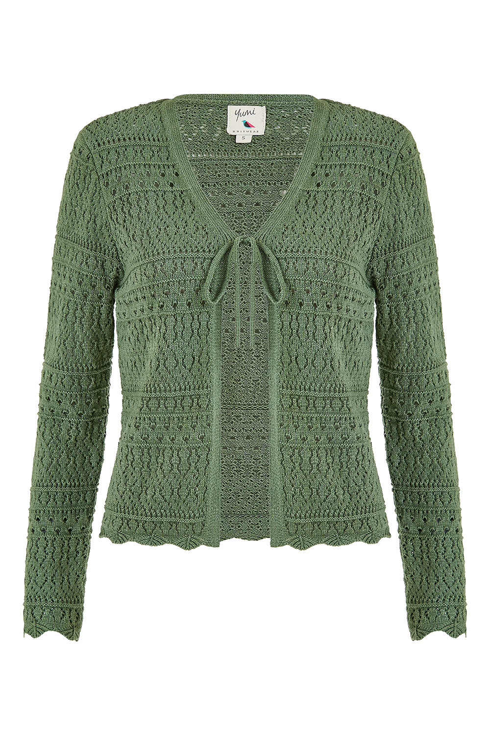 Yumi Green Crochet Tie Front Cardigan KNIT Cardi Yumi