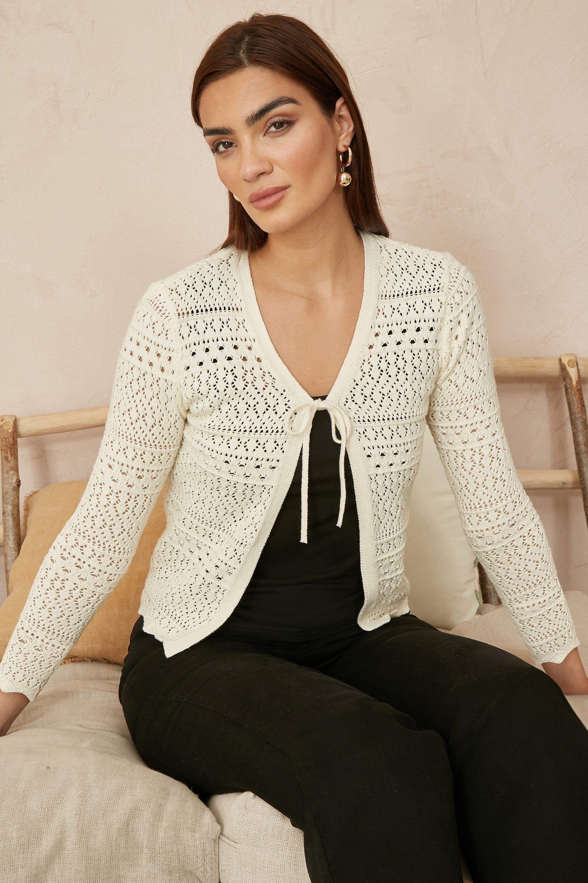 Yumi Ivory Crochet Tie Front Cardigan | Yumi