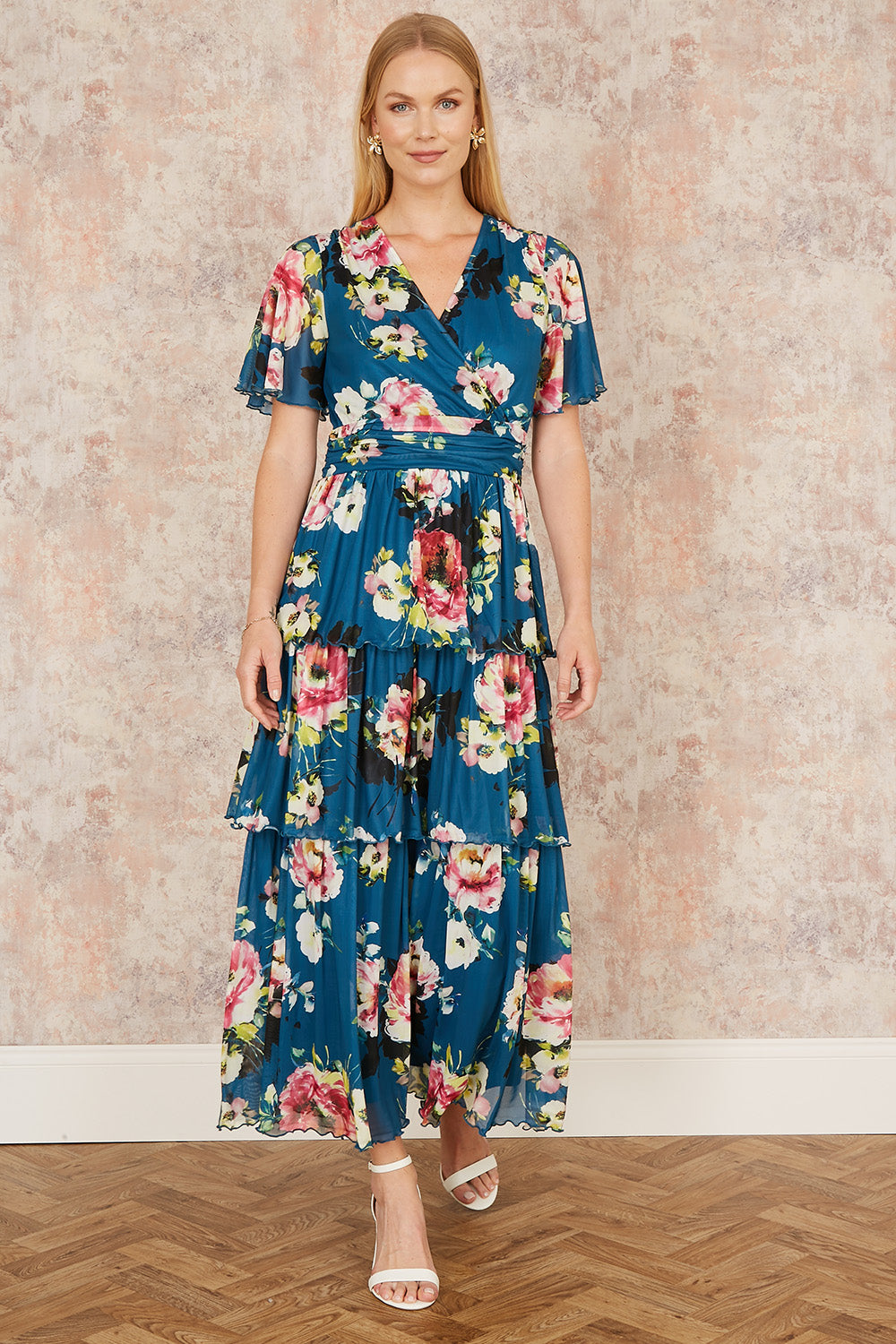 Yumi Green Floral Mesh Tiered Maxi Dress | Yumi
