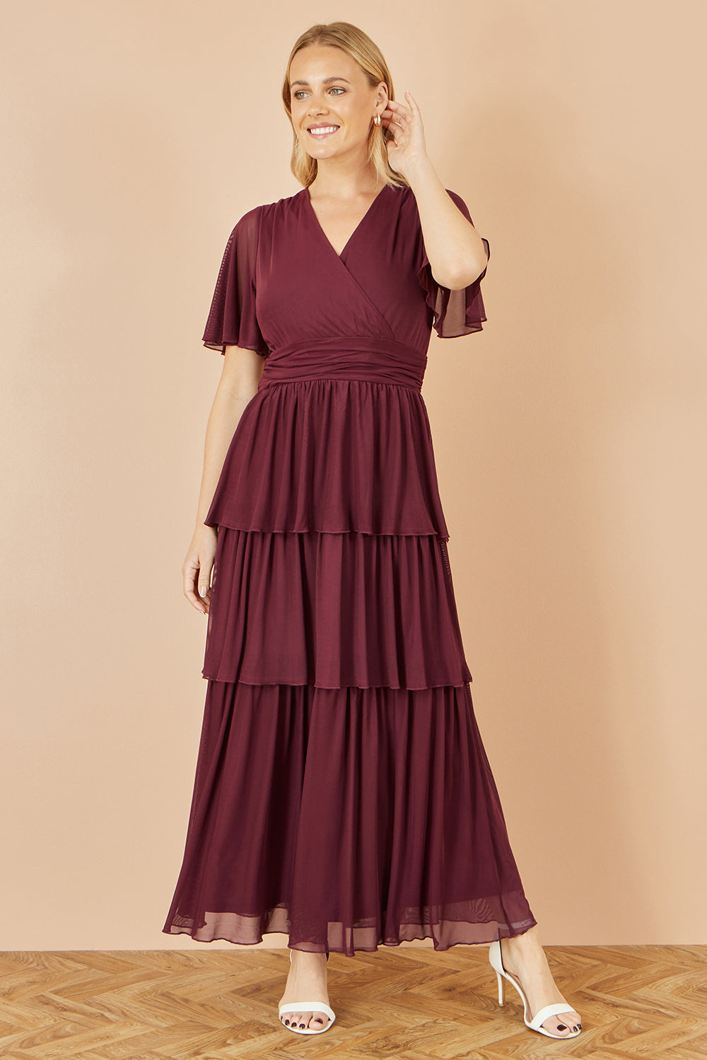 Yumi Burgundy Mesh Tiered Maxi Dress Dress Occasion Yumi