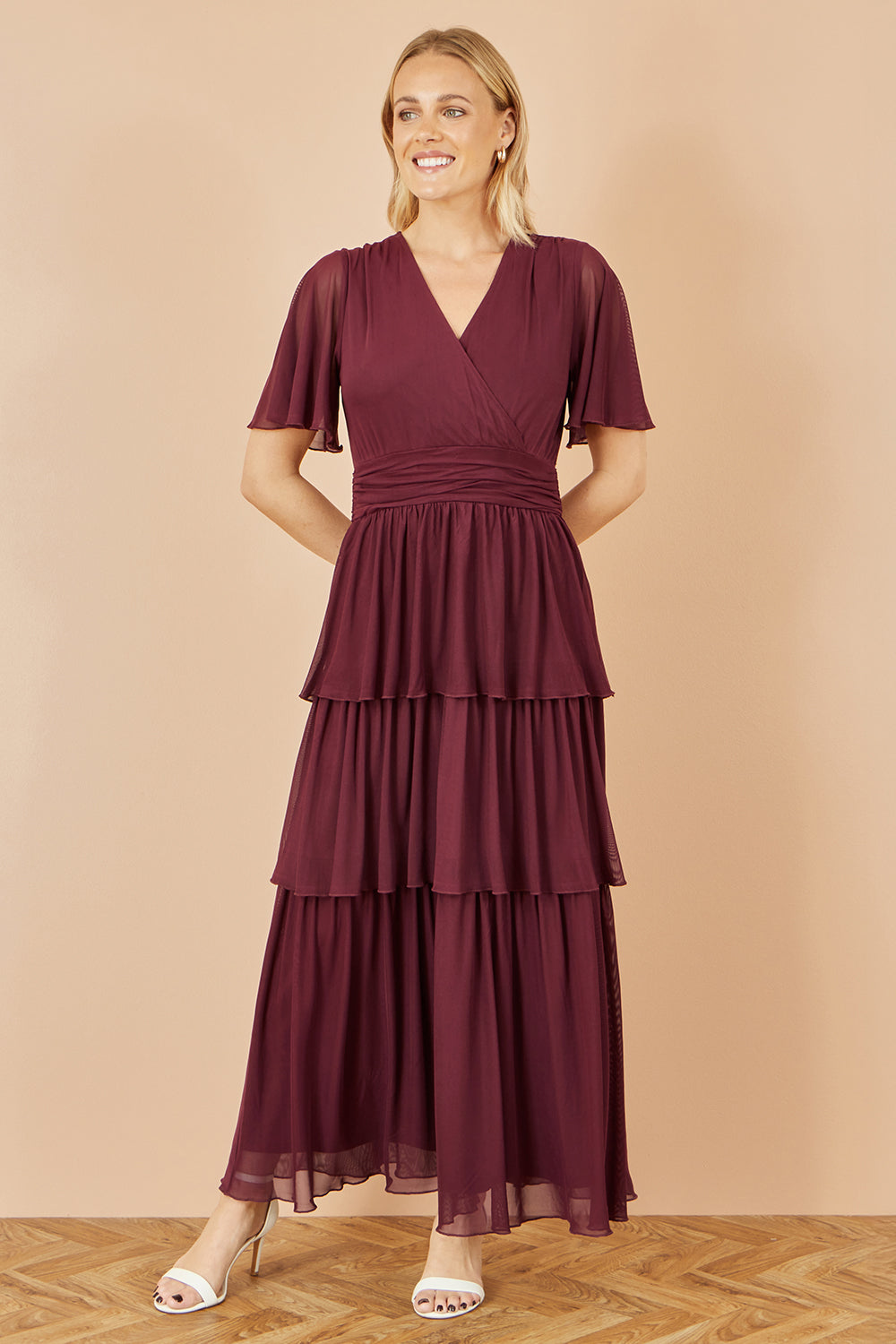 Yumi Burgundy Mesh Tiered Maxi Dress Dress Occasion Yumi