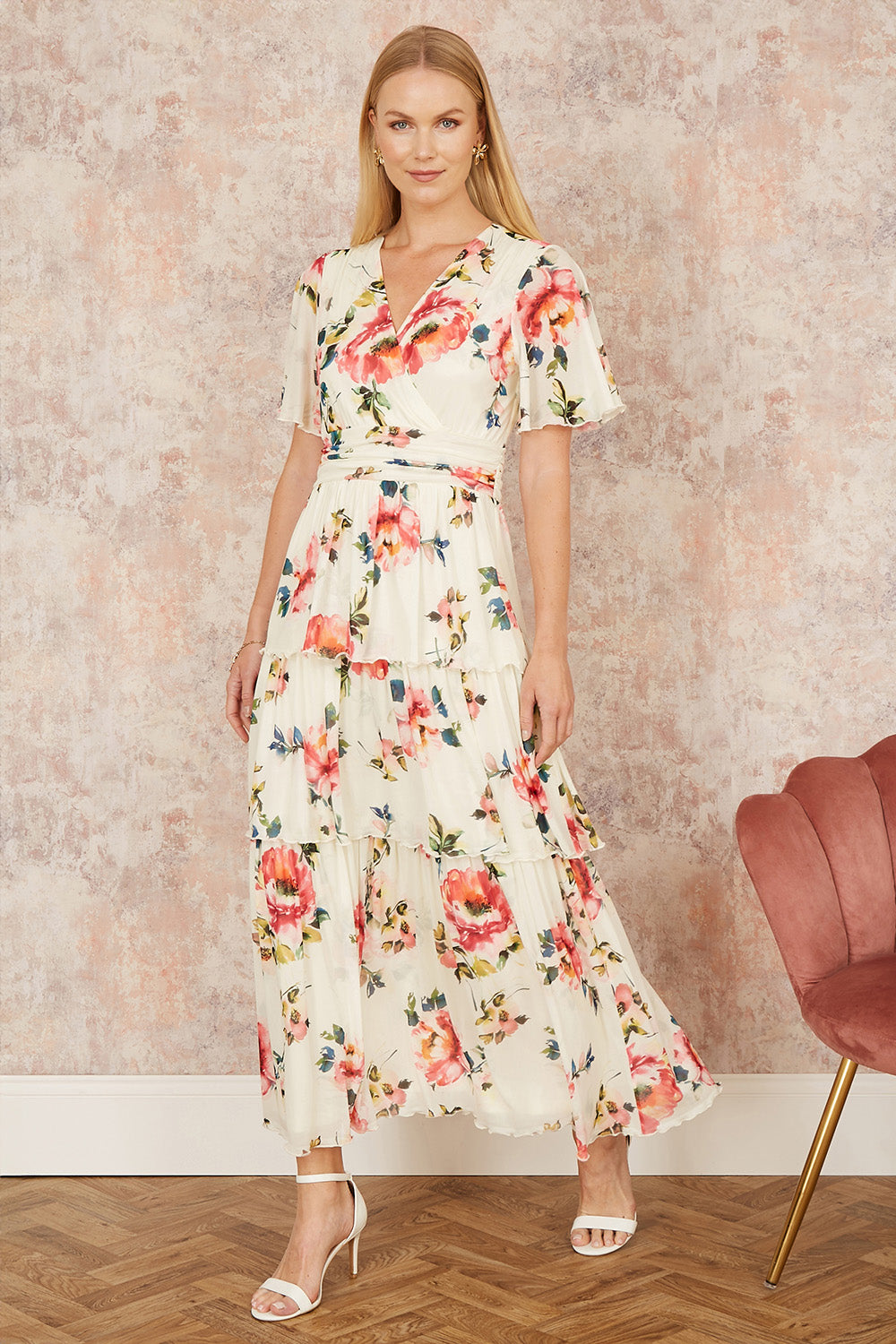 Floral Mesh Tiered Maxi Dress