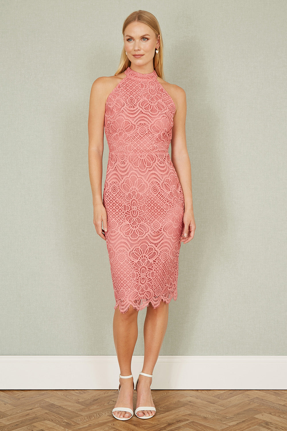 Yumi Pink Lace Halter Neck Dress | Yumi Yumi Pink Lace Halter Neck Dress | Yumi