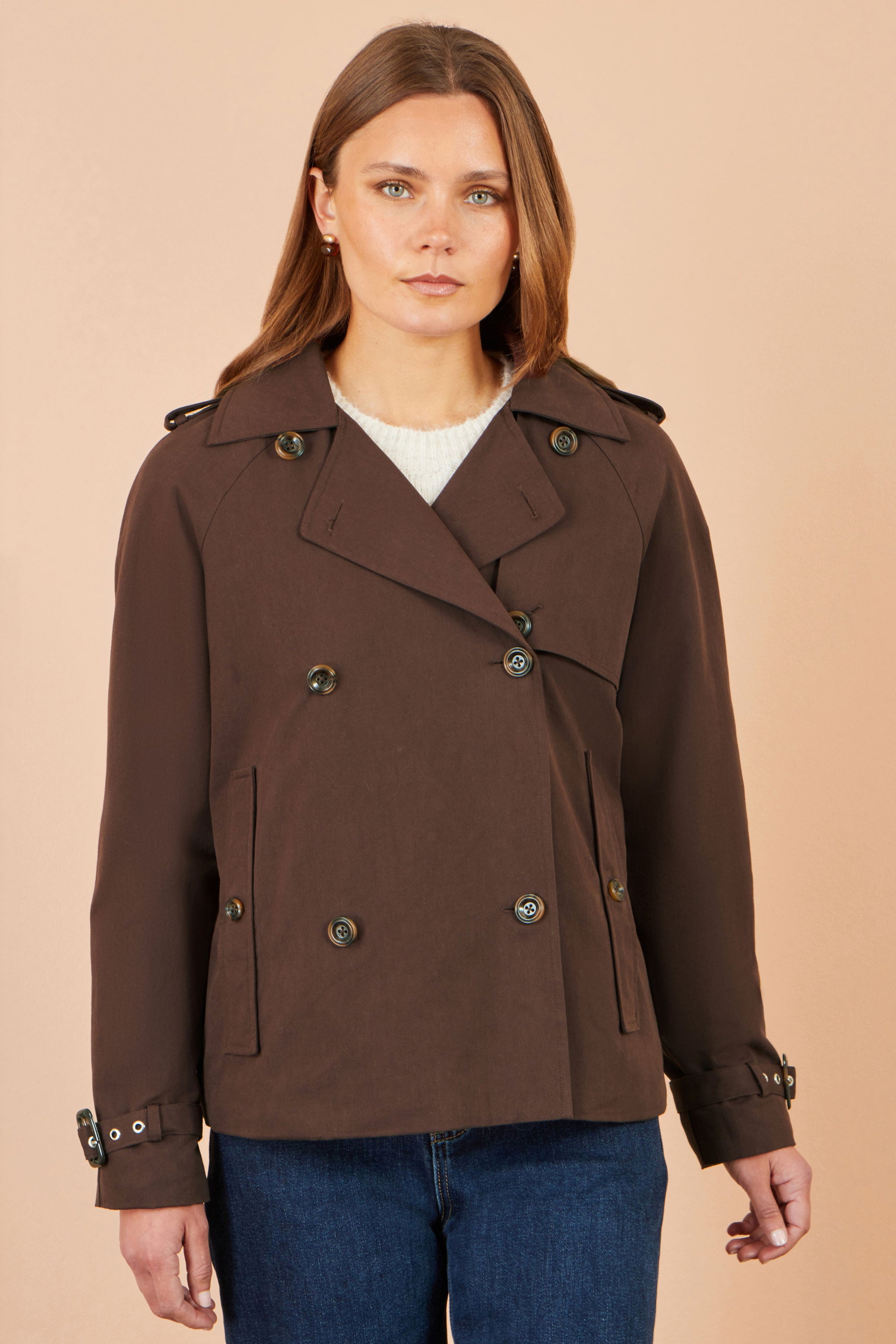 Yumi Brown Cropped Trench Coat With Check Lining Outerwear Yumi