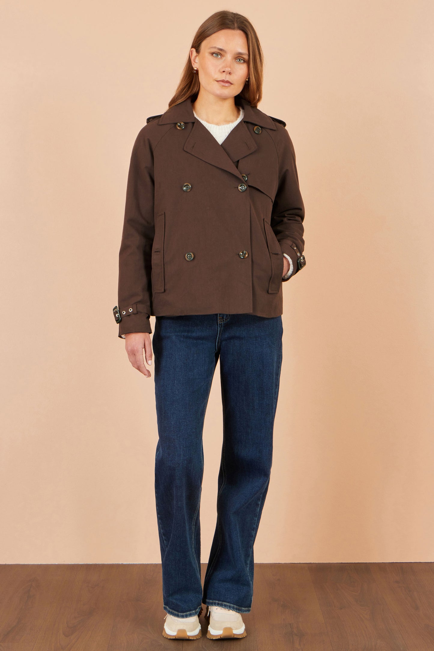 Yumi Brown Cropped Trench Coat With Check Lining Outerwear Yumi