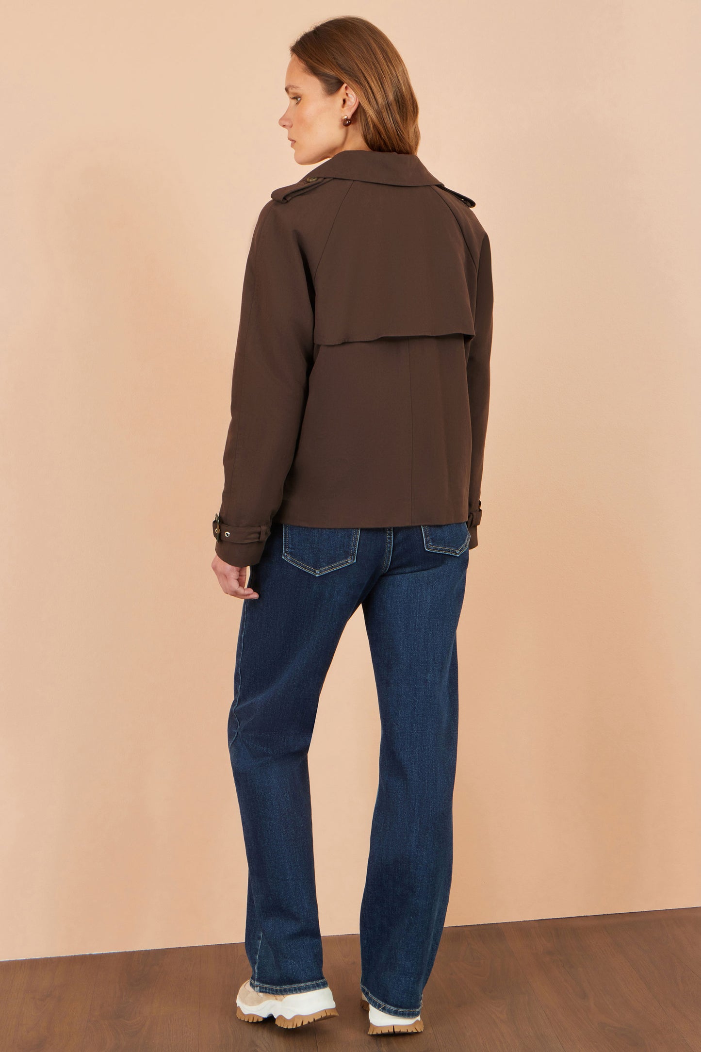 Yumi Brown Cropped Trench Coat With Check Lining Outerwear Yumi