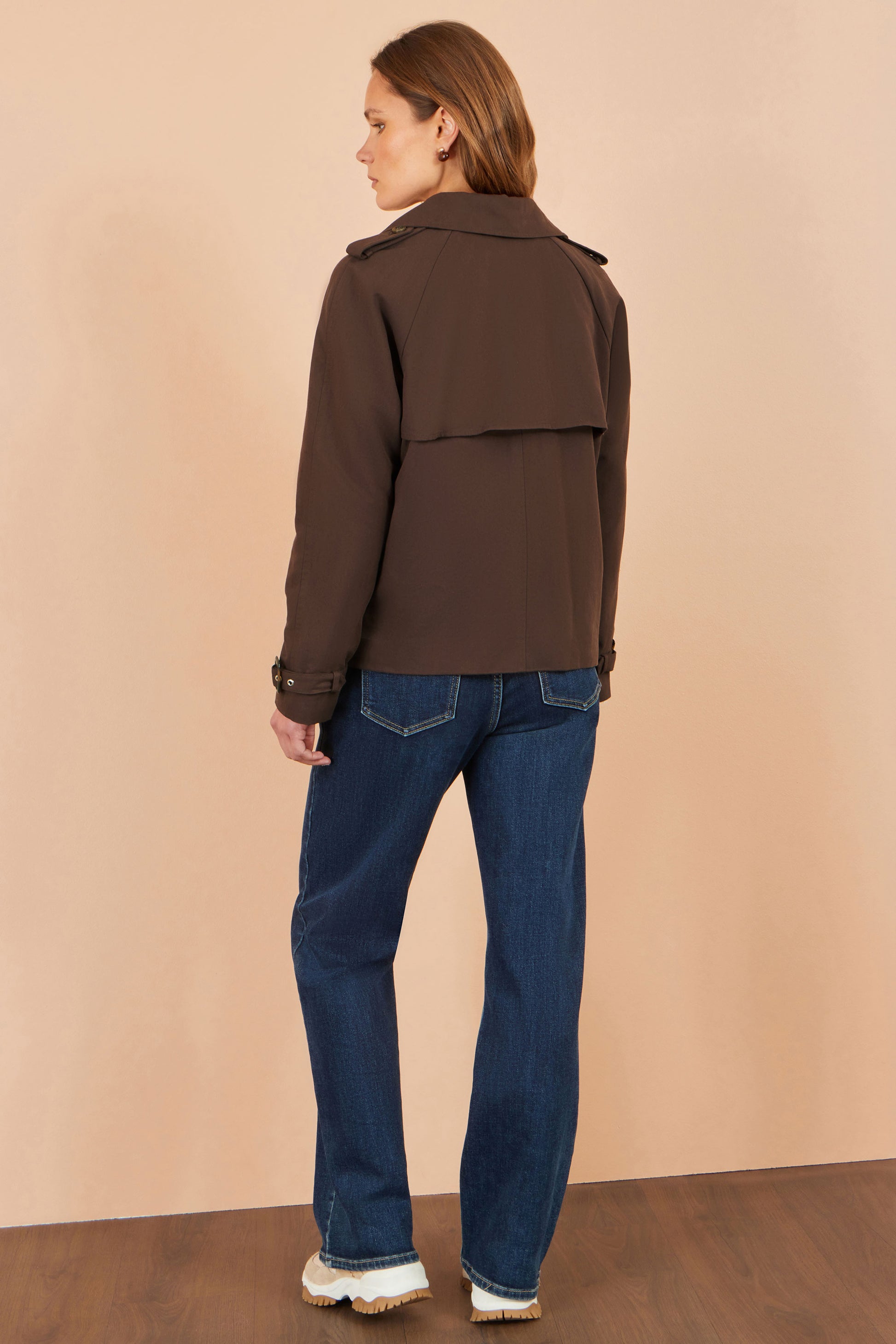 Yumi Brown Cropped Trench Coat With Check Lining Outerwear Yumi