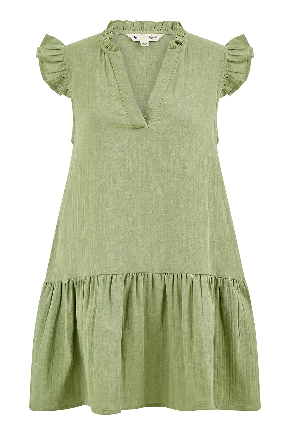 Yumi Green Double Cotton Tunic With Frill Sleeves Beachwear Yumi