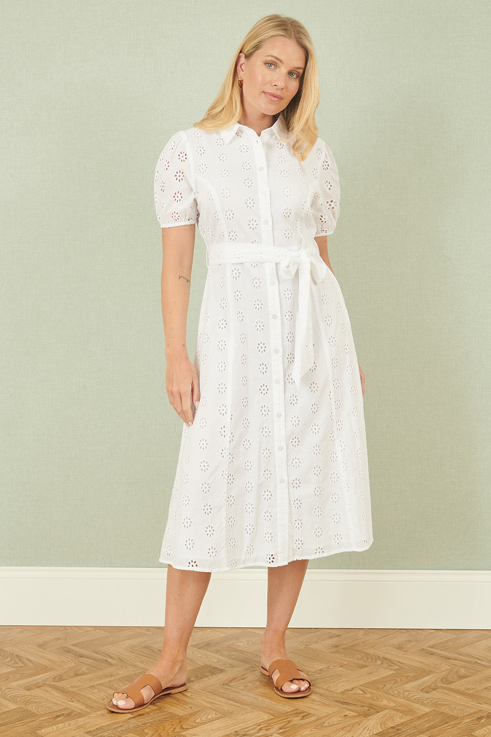 white midi shirt dress uk Yumi White Cotton Broderie Anglaise Midi Shirt Dress