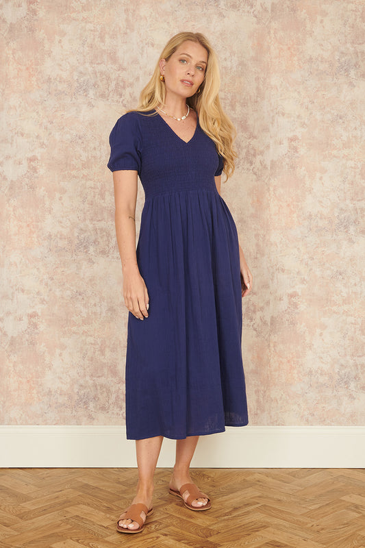 Yumi Navy Double Cotton Ruched Midi Dress DRES Day Yumi