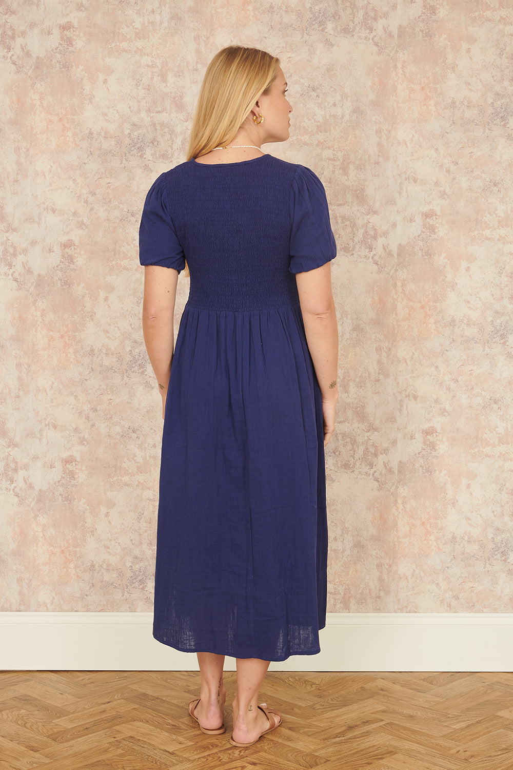 Yumi Navy Double Cotton Ruched Midi Dress DRES Day Yumi
