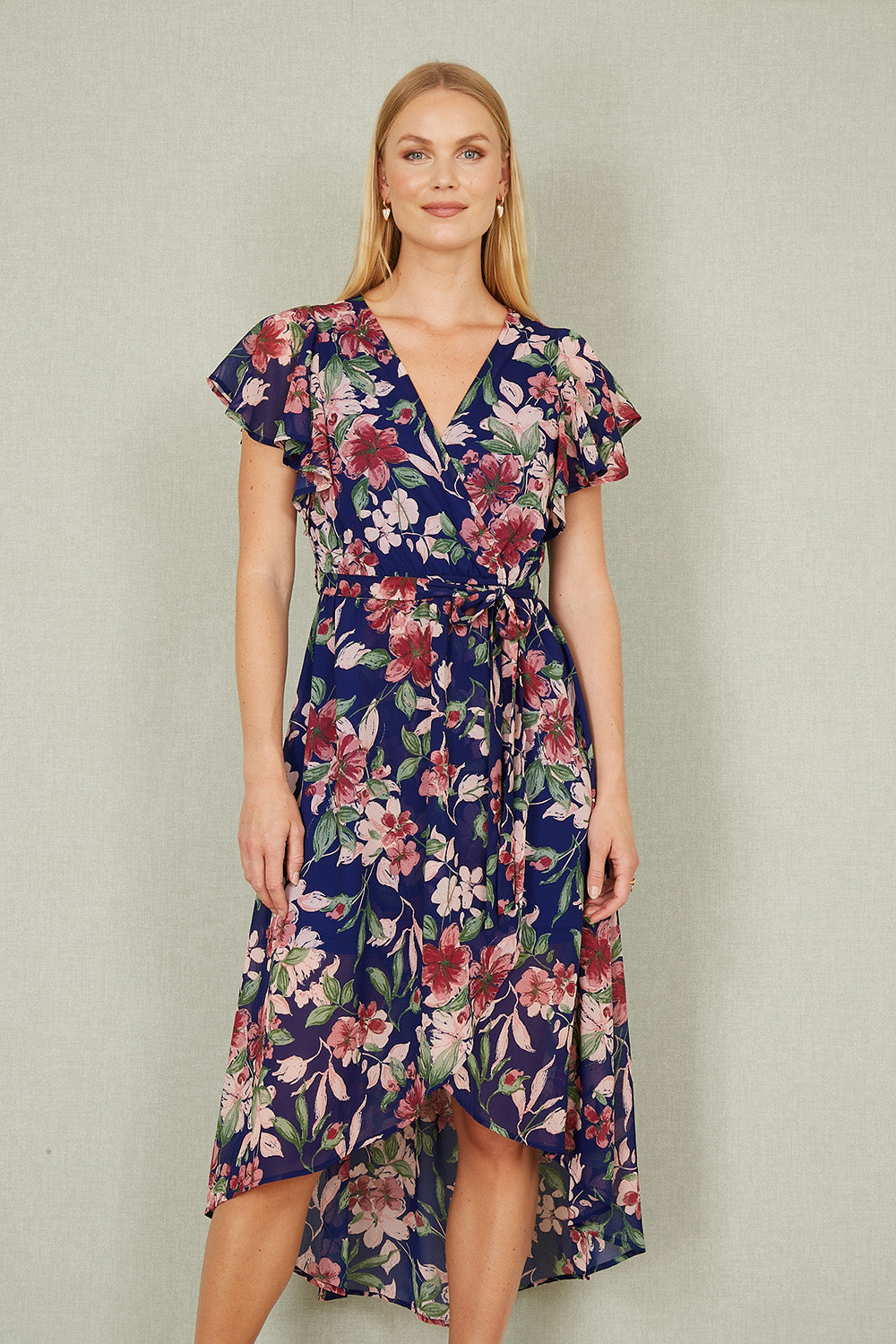 Floral Wrap Midi Dress Frill Hem