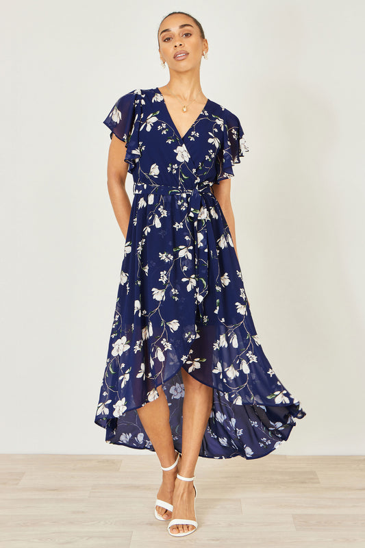 Yumi Navy Floral Wrap Midi Dress With Frill Hem Dress Occasion Yumi