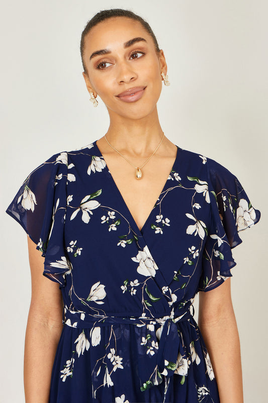 Yumi Navy Floral Wrap Midi Dress With Frill Hem Dress Occasion Yumi