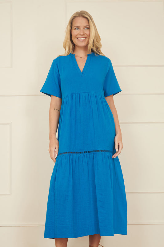 Yumi Blue Double Cotton Long Kaftan DRES Midi Yumi