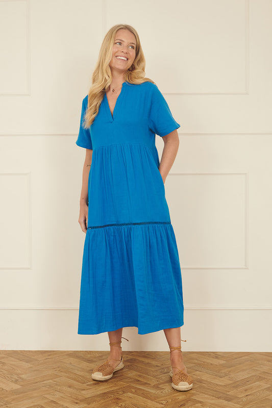 Yumi Blue Double Cotton Long Kaftan DRES Midi Yumi
