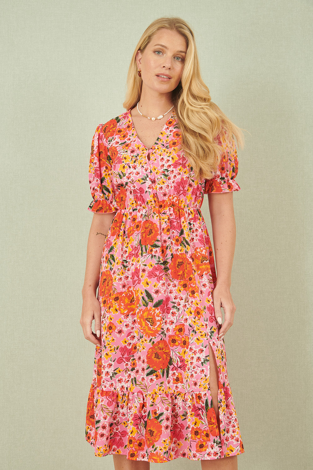Yumi Pink Floral Midi Dress With Frill Hem and Puff Sleeves DRES Day Yumi