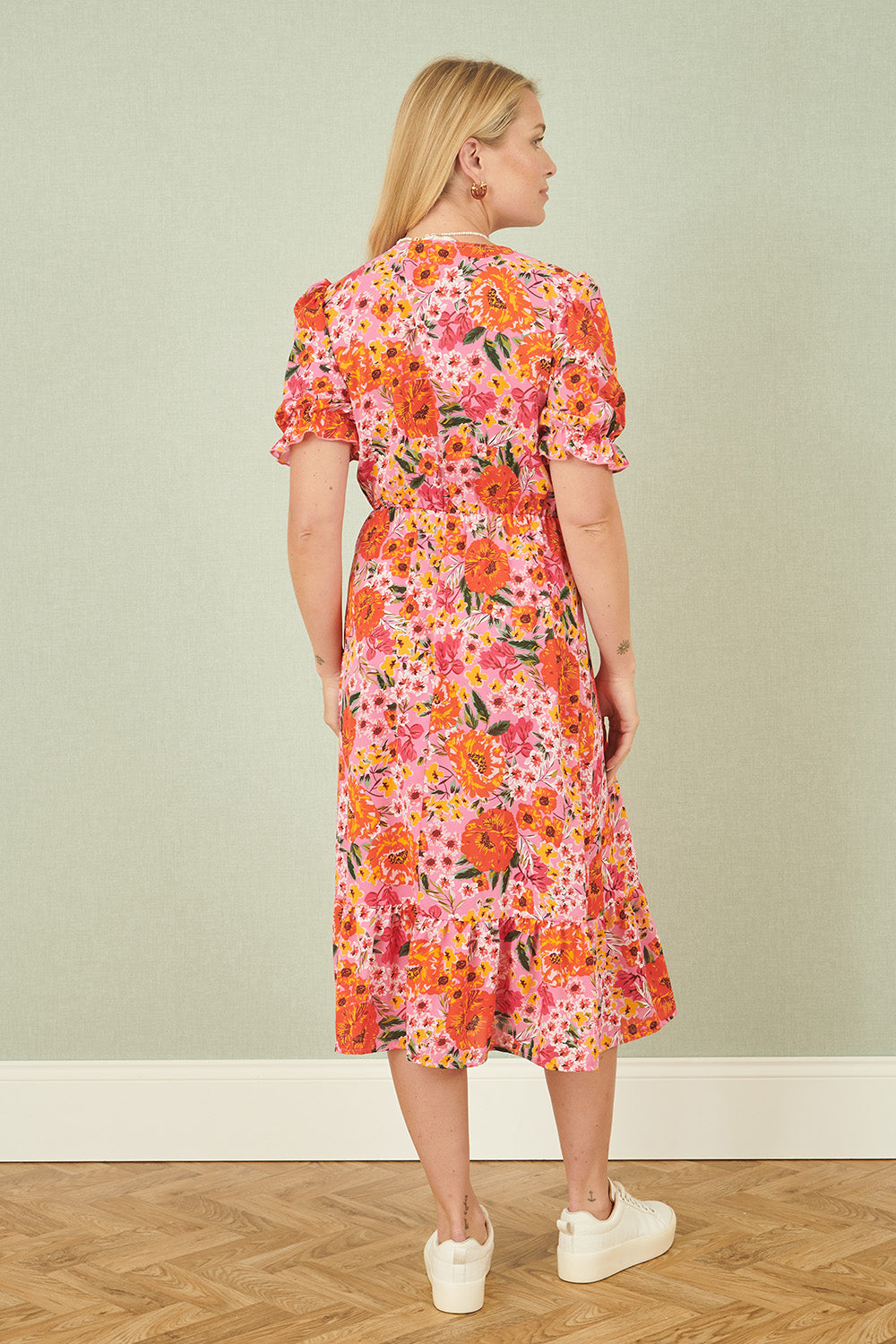 Yumi Pink Floral Midi Dress With Frill Hem and Puff Sleeves DRES Day Yumi