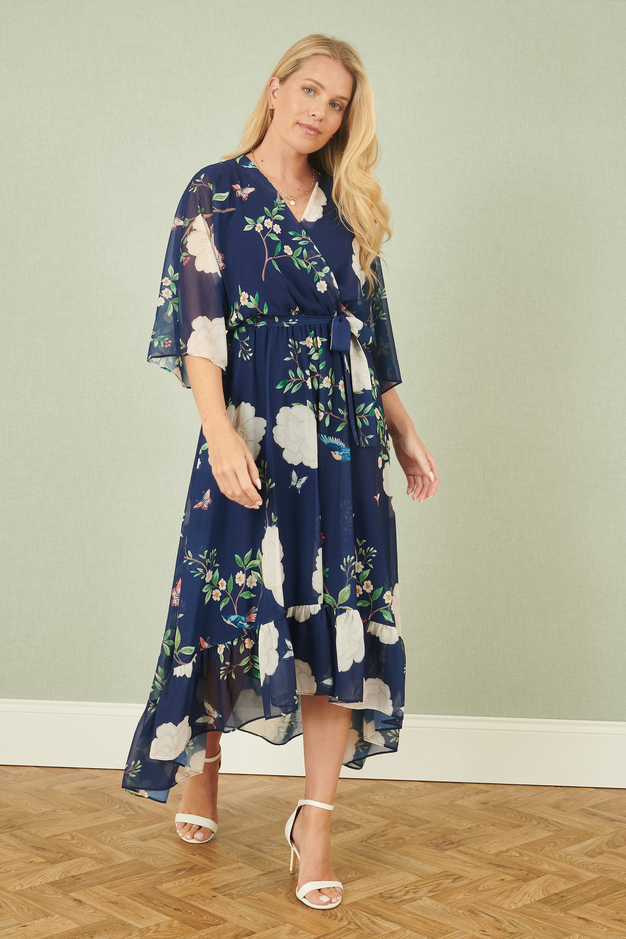 Bird Floral Print Midi Wrap Dress