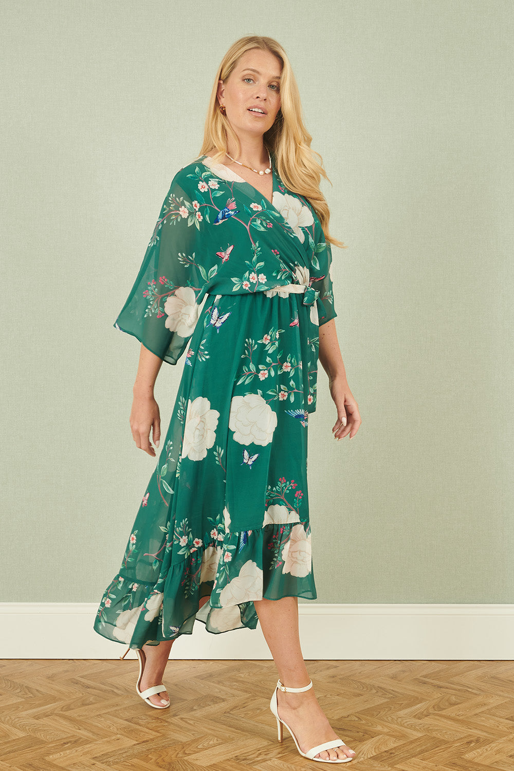 Bird Floral Print Midi Wrap Dress