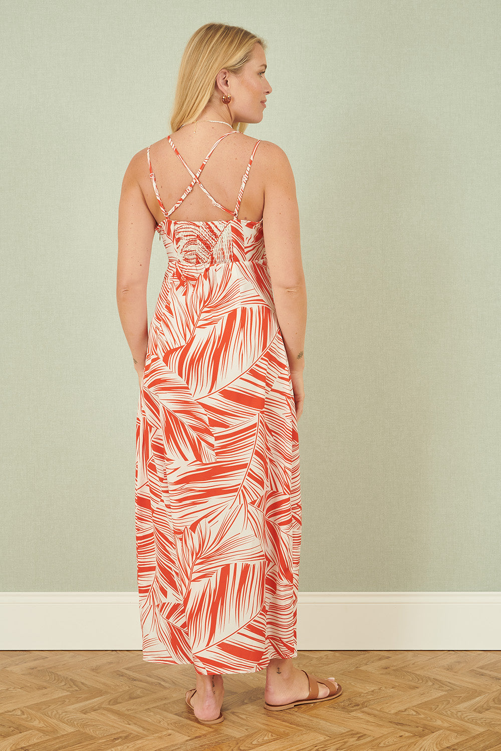 Yumi Orange Leaf Print Maxi Dress With Cross Back Beachwear Yumi