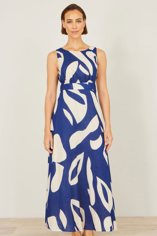 Yumi Navy Abstract Maxi Dress With Tie Back Beachwear Yumi