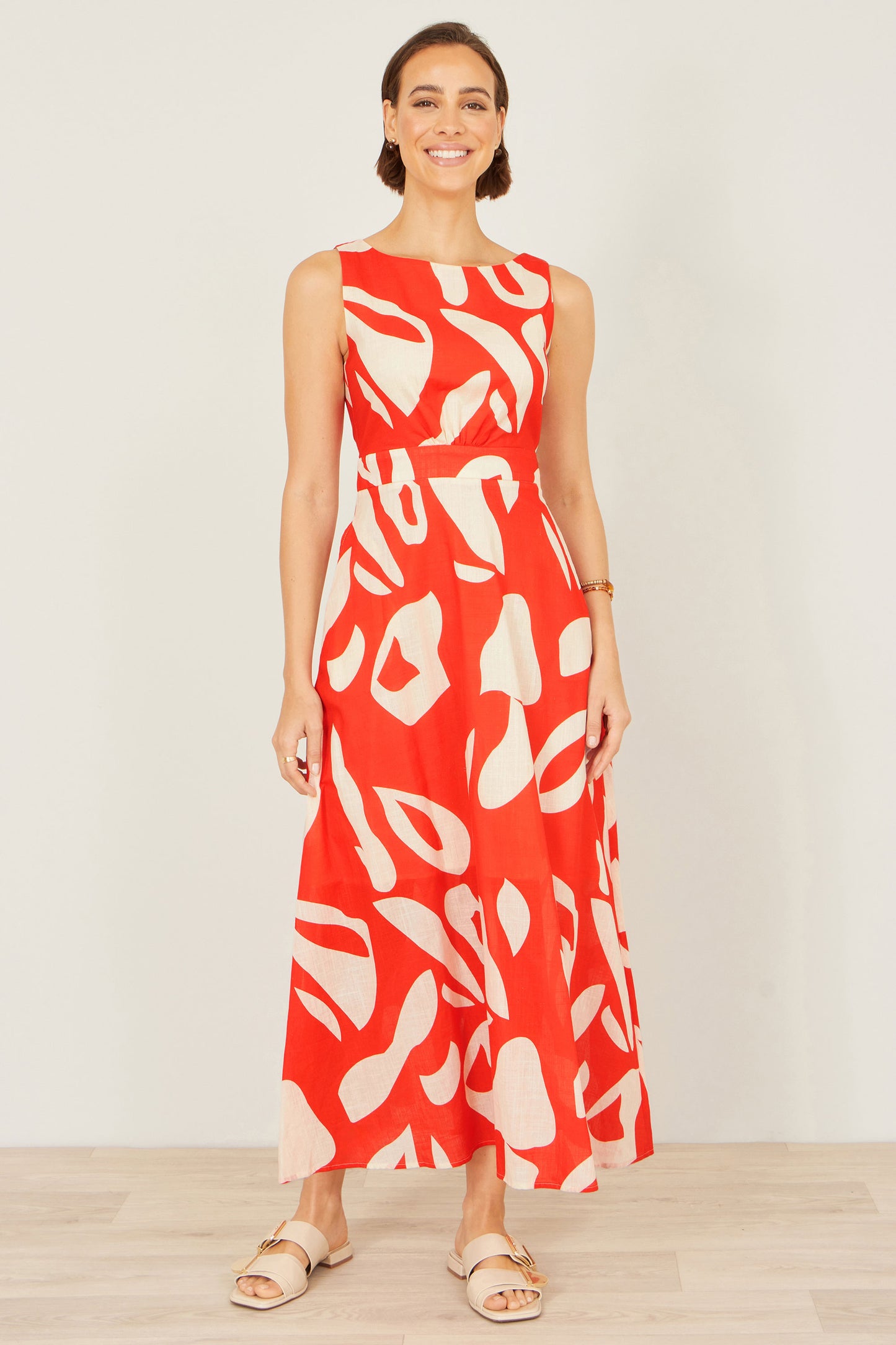 Yumi Orange Abstract Maxi Dress With Tie Back Beachwear Yumi