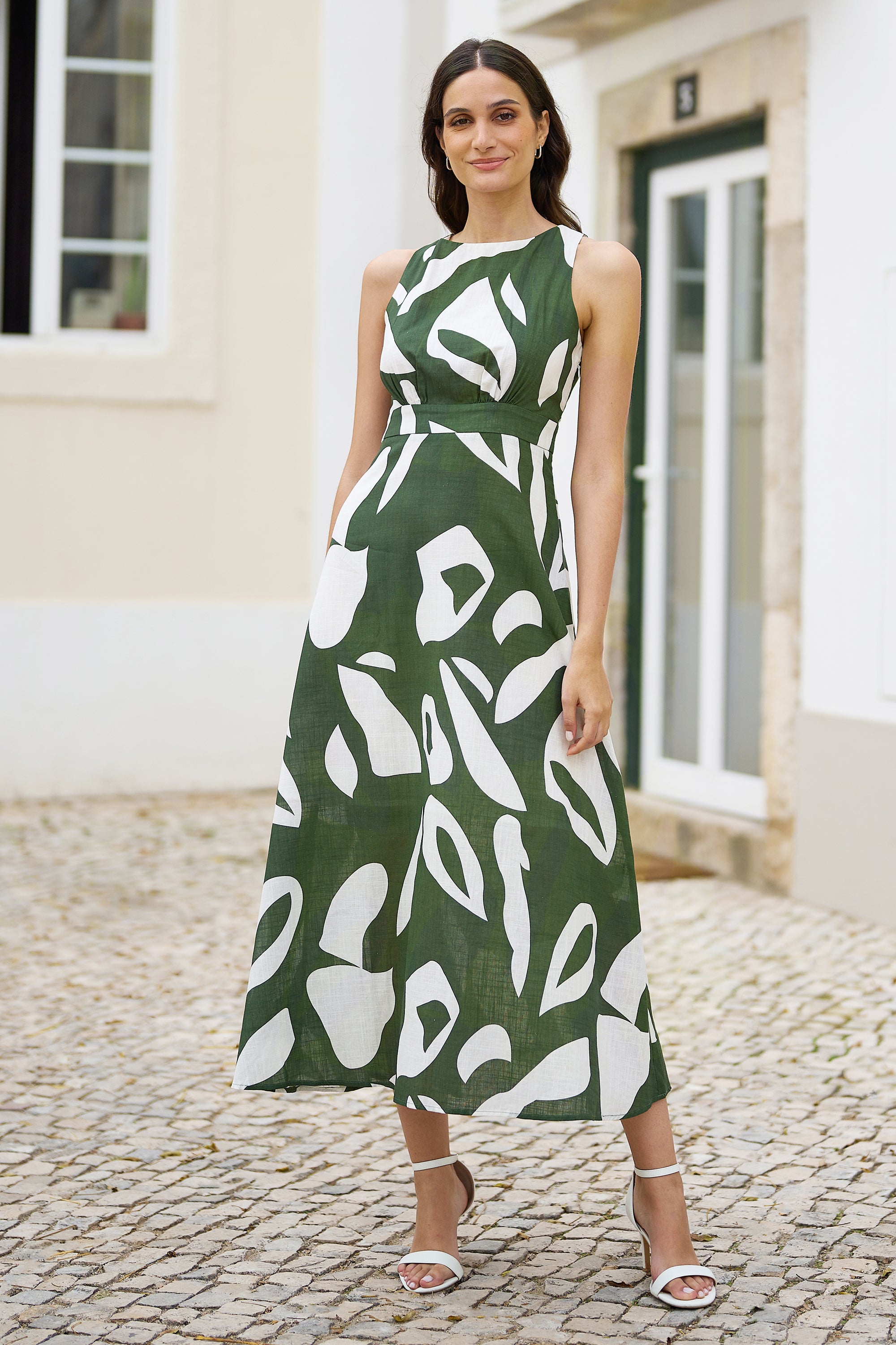 Cotton Abstract Print Maxi Dress Tie Back