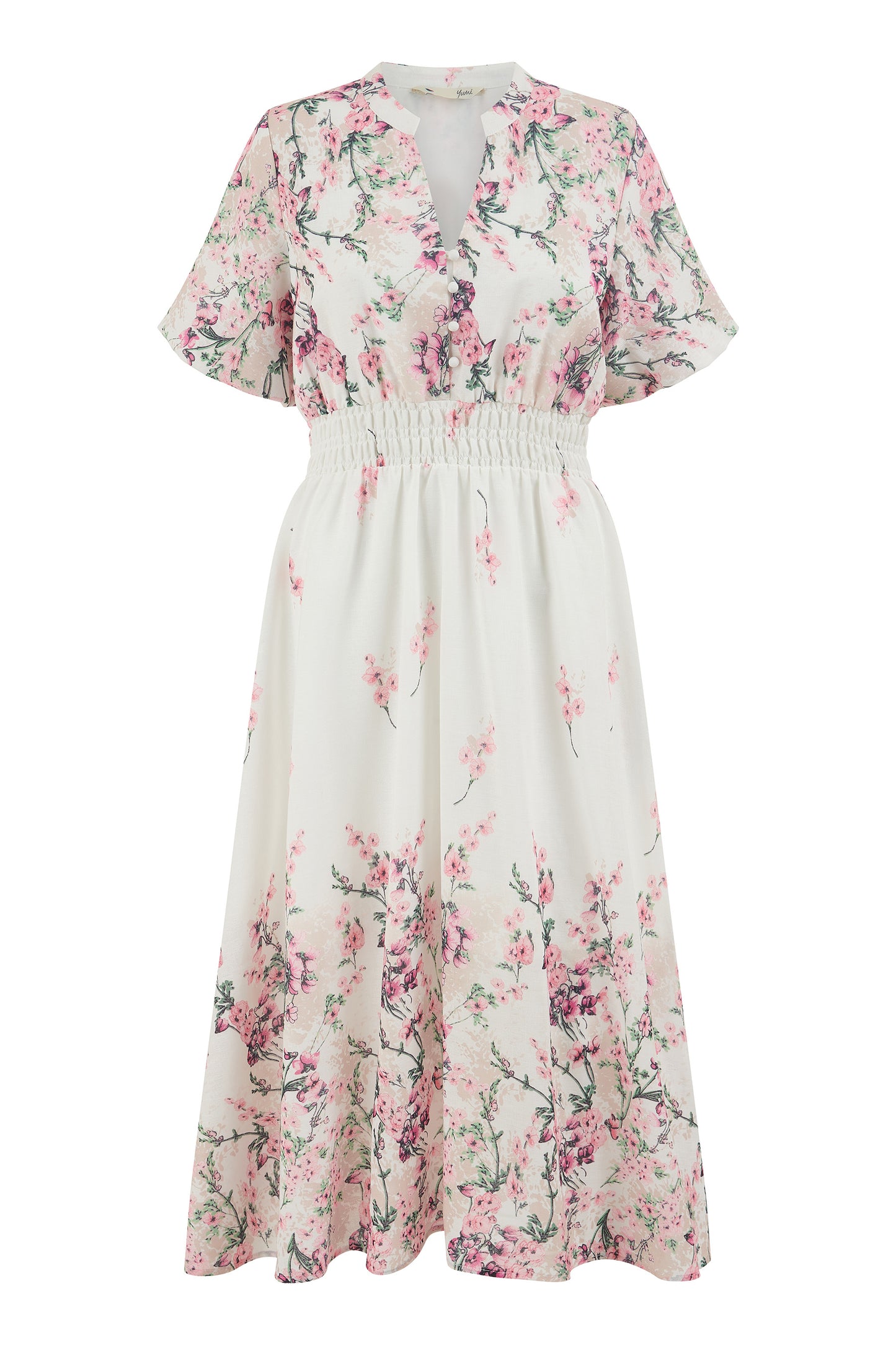 Yumi White Mirrored Floral Button Up Midi Dress With Ruched Waist Occasionwear Yumi