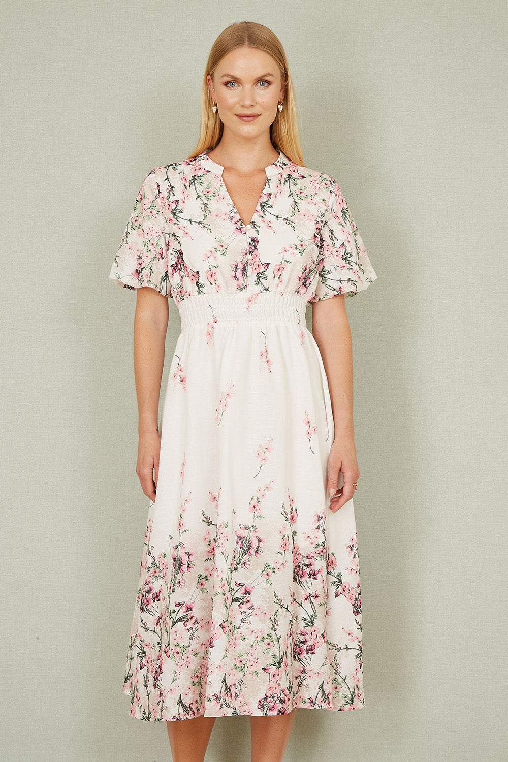 Mirrored Floral Button Up Midi Dress Ruched Waist