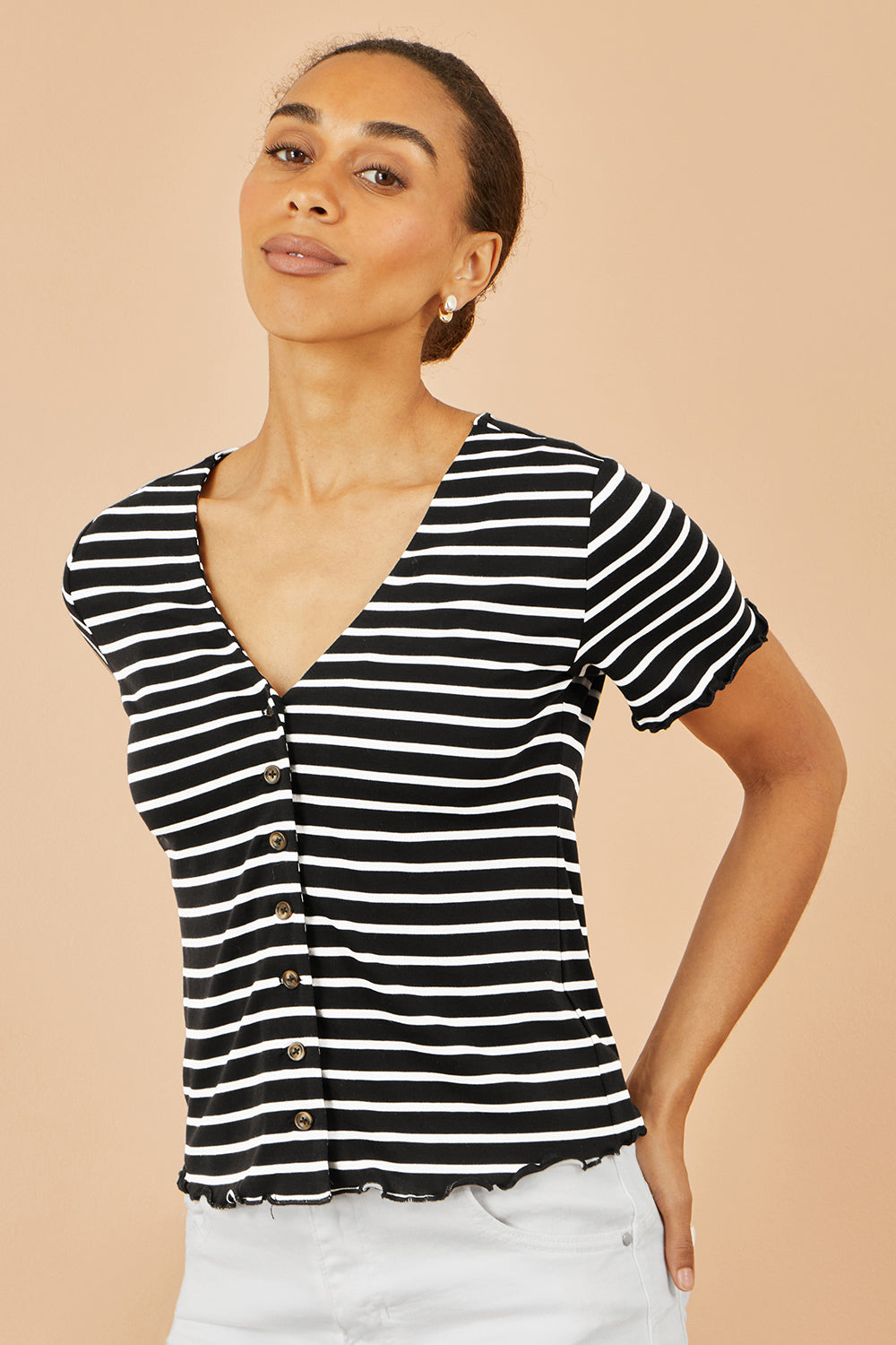 Yumi Black Striped Cotton Jersey Lettuce Trim T-Shirt Top Yumi
