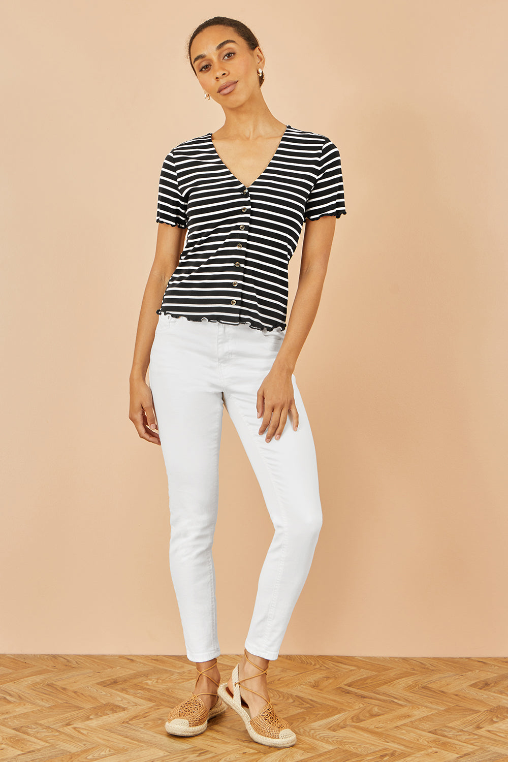 Yumi Black Striped Cotton Jersey Lettuce Trim T-Shirt Top Yumi