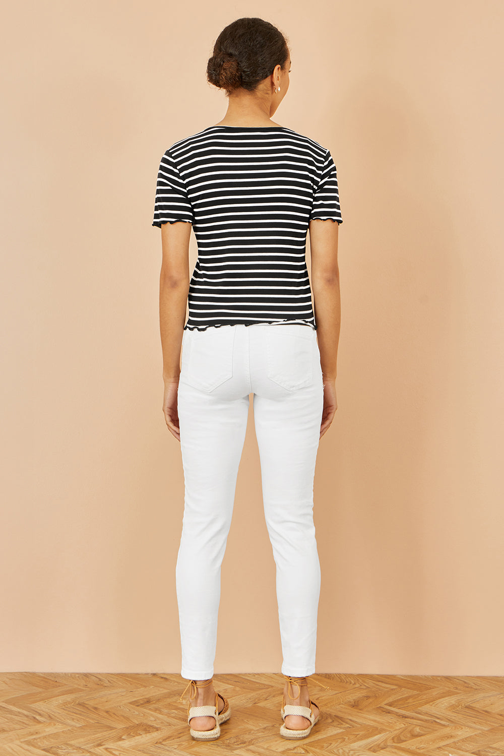 Yumi Black Striped Cotton Jersey Lettuce Trim T-Shirt Top Yumi