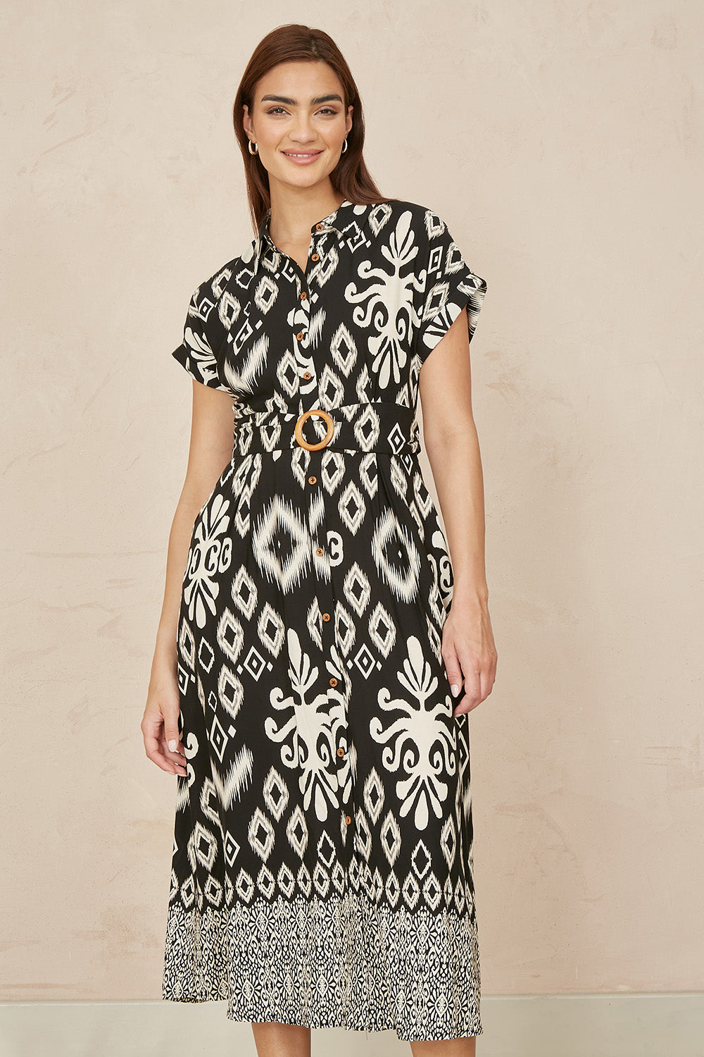 Yumi Black Abstract Geo Print Relaxed Midi Shirt Dress With Belt | Yumi