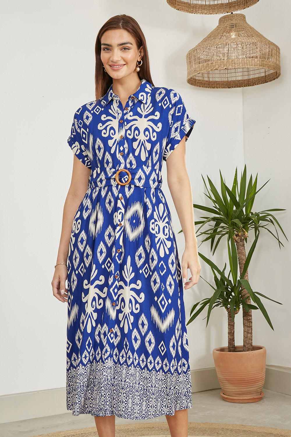 Abstract Geo Print Relaxed Midi Shirt Dress Belt