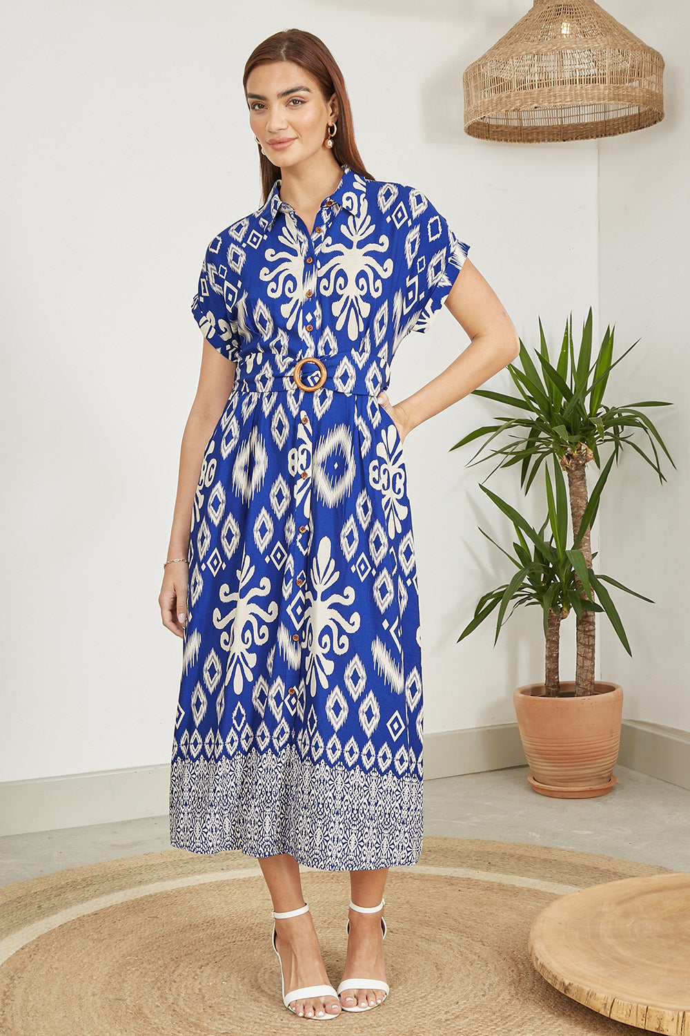 Yumi Blue Abstract Geo Print Relaxed Midi Shirt Dress With Belt DRESS Yumi