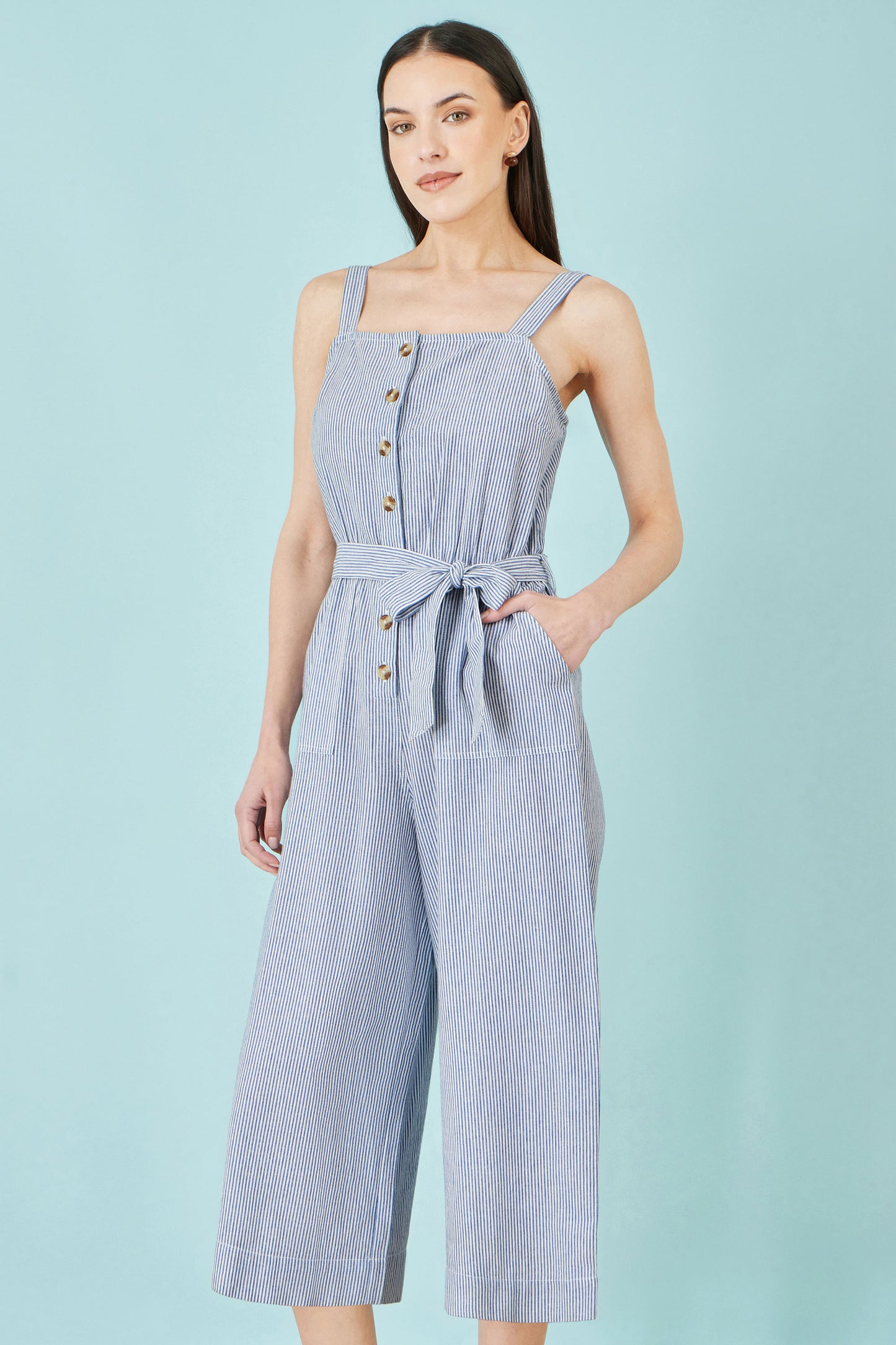 Yumi Blue Cotton Stripe Button Through Jumpsuit JUMPSUIT Yumi