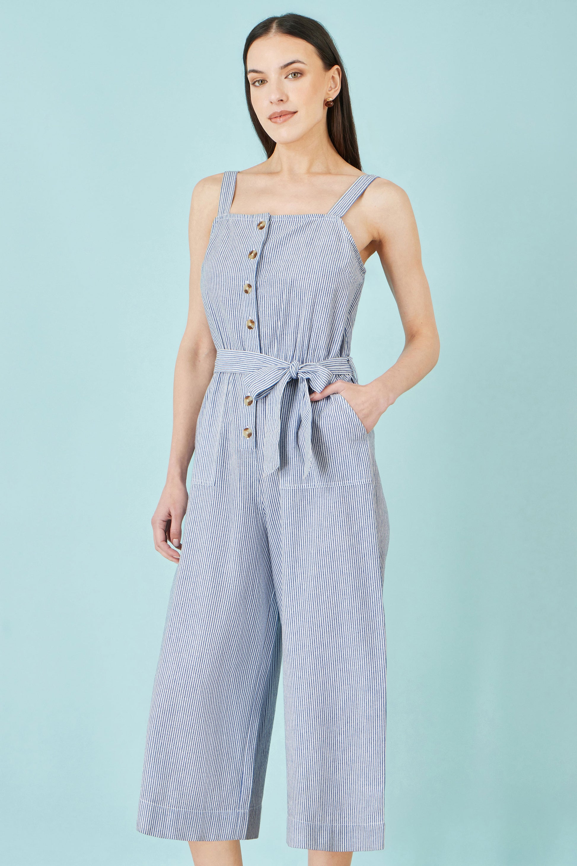 Yumi Blue Cotton Stripe Button Through Jumpsuit JUMPSUIT Yumi