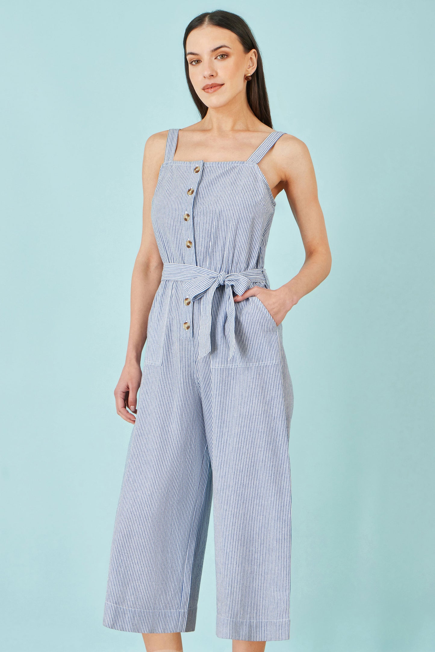 Yumi Blue Cotton Stripe Button Through Jumpsuit JUMPSUIT Yumi