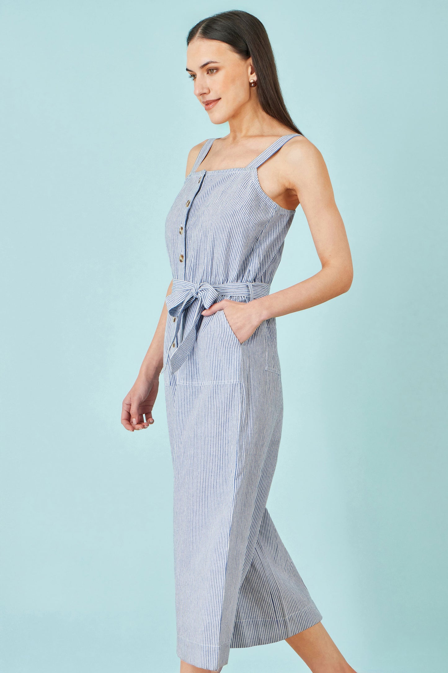 Yumi Blue Cotton Stripe Button Through Jumpsuit JUMPSUIT Yumi