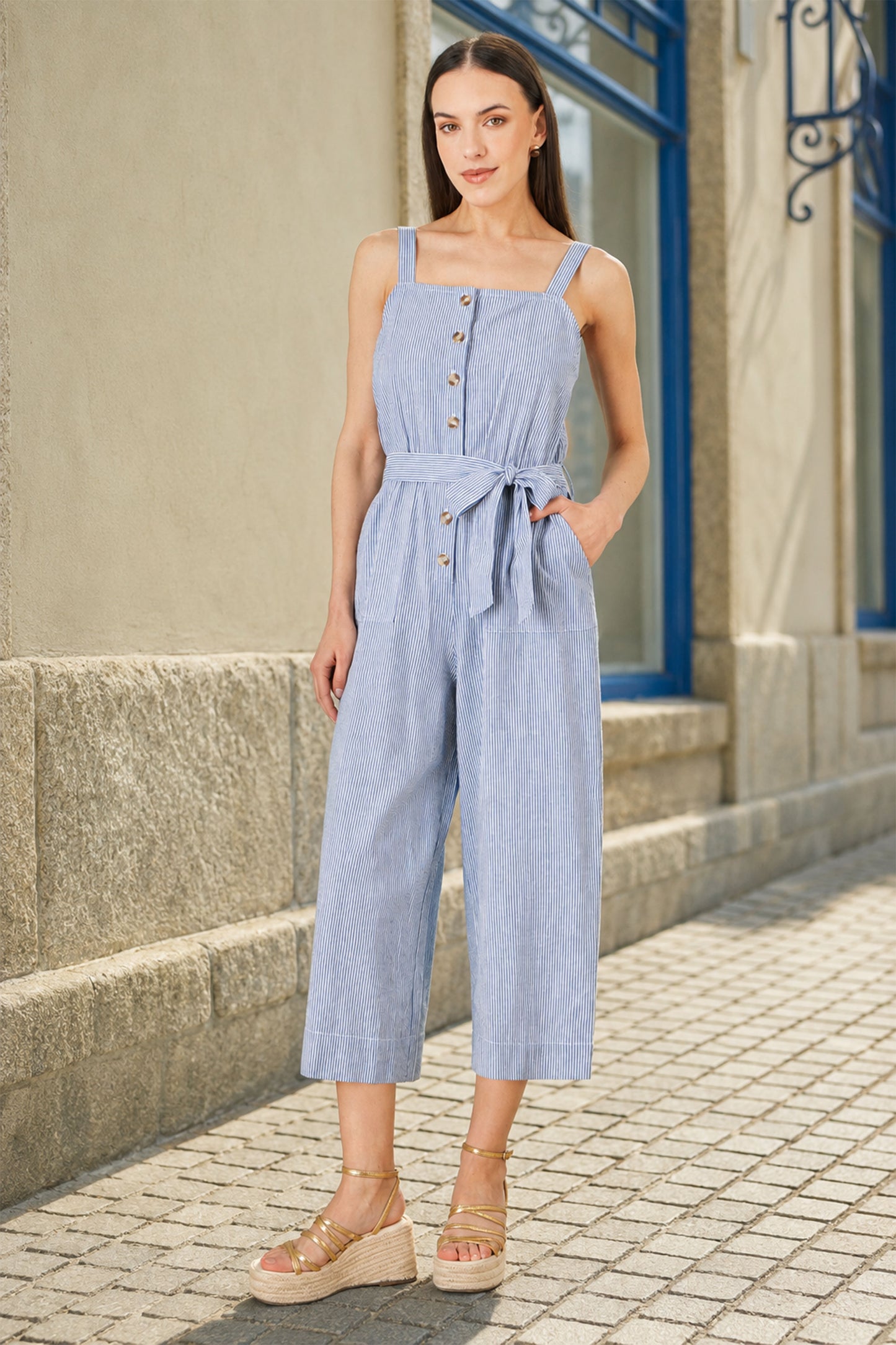 Yumi Blue Cotton Stripe Button Through Jumpsuit JUMPSUIT Yumi