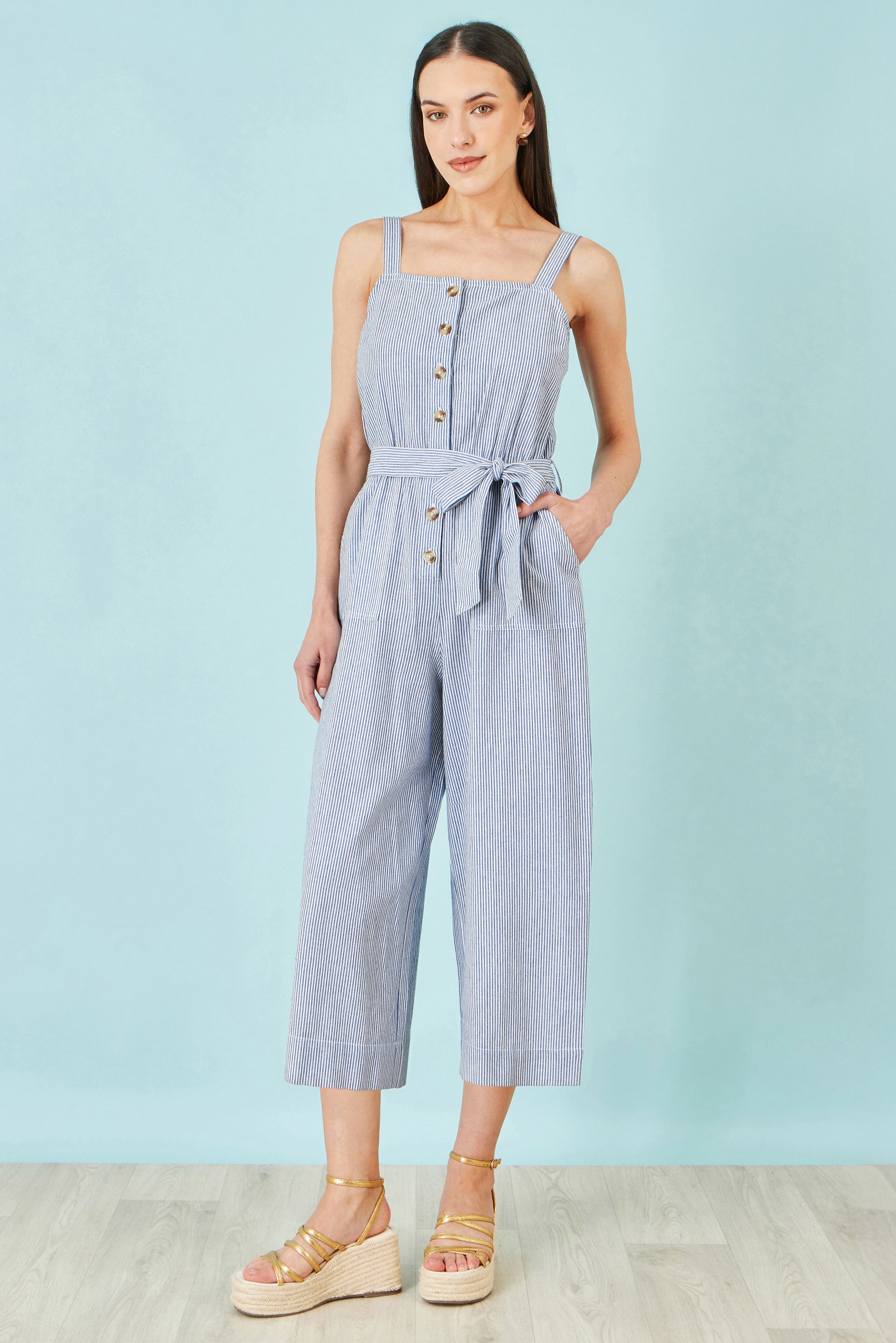 Yumi Blue Cotton Stripe Button Through Jumpsuit JUMPSUIT Yumi