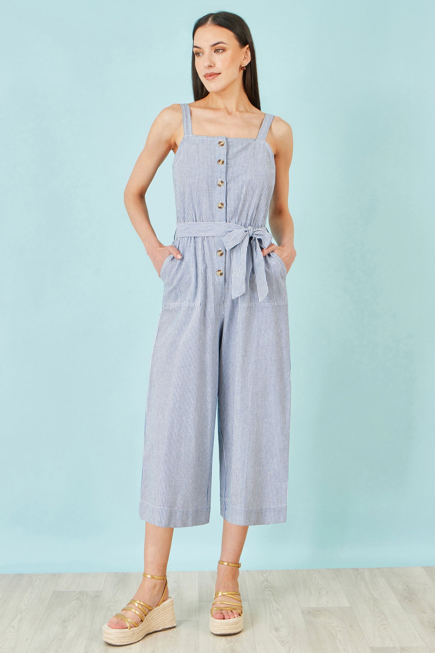 Yumi Blue Cotton Stripe Button Through Jumpsuit JUMPSUIT Yumi