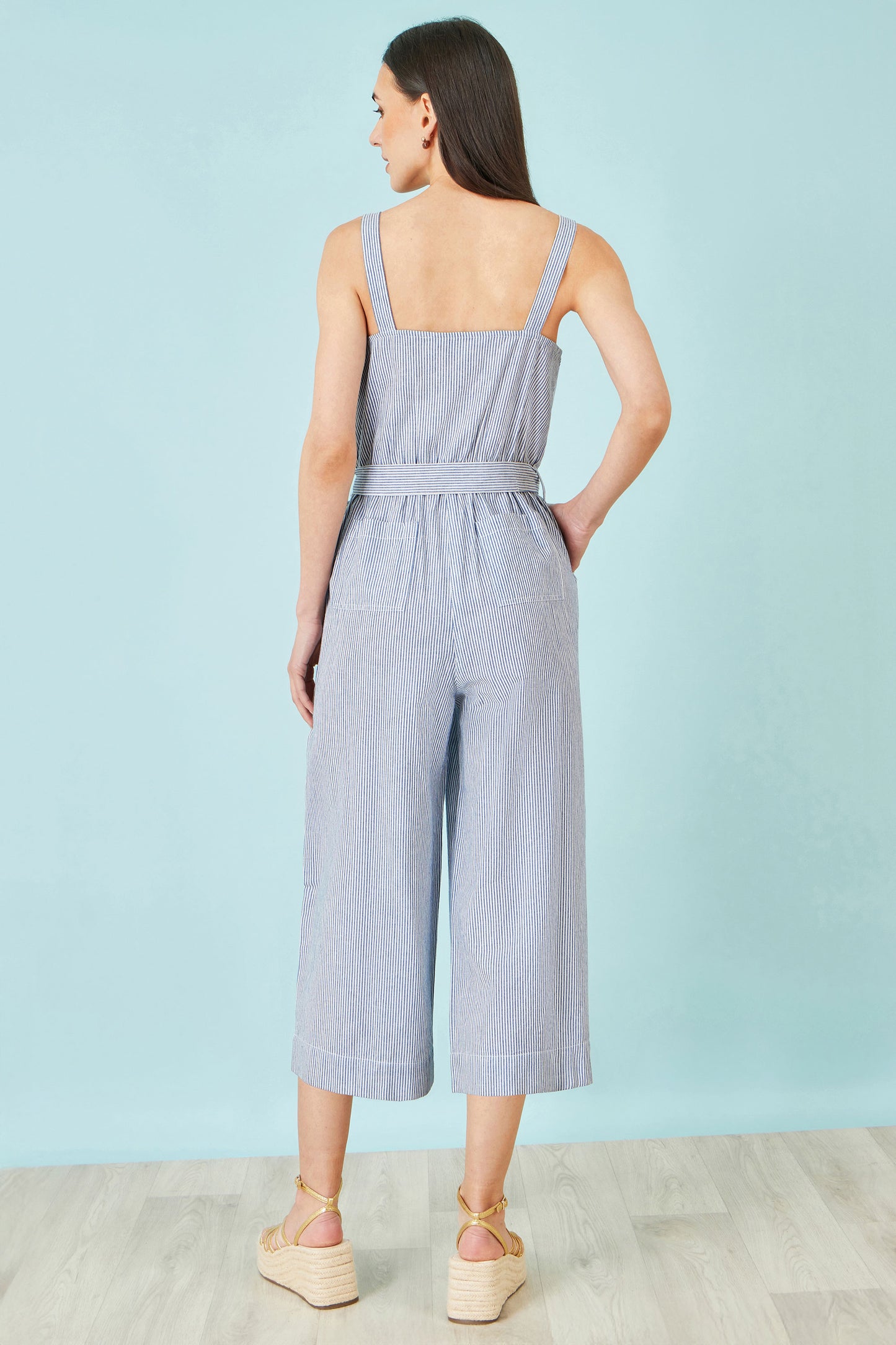 Yumi Blue Cotton Stripe Button Through Jumpsuit JUMPSUIT Yumi