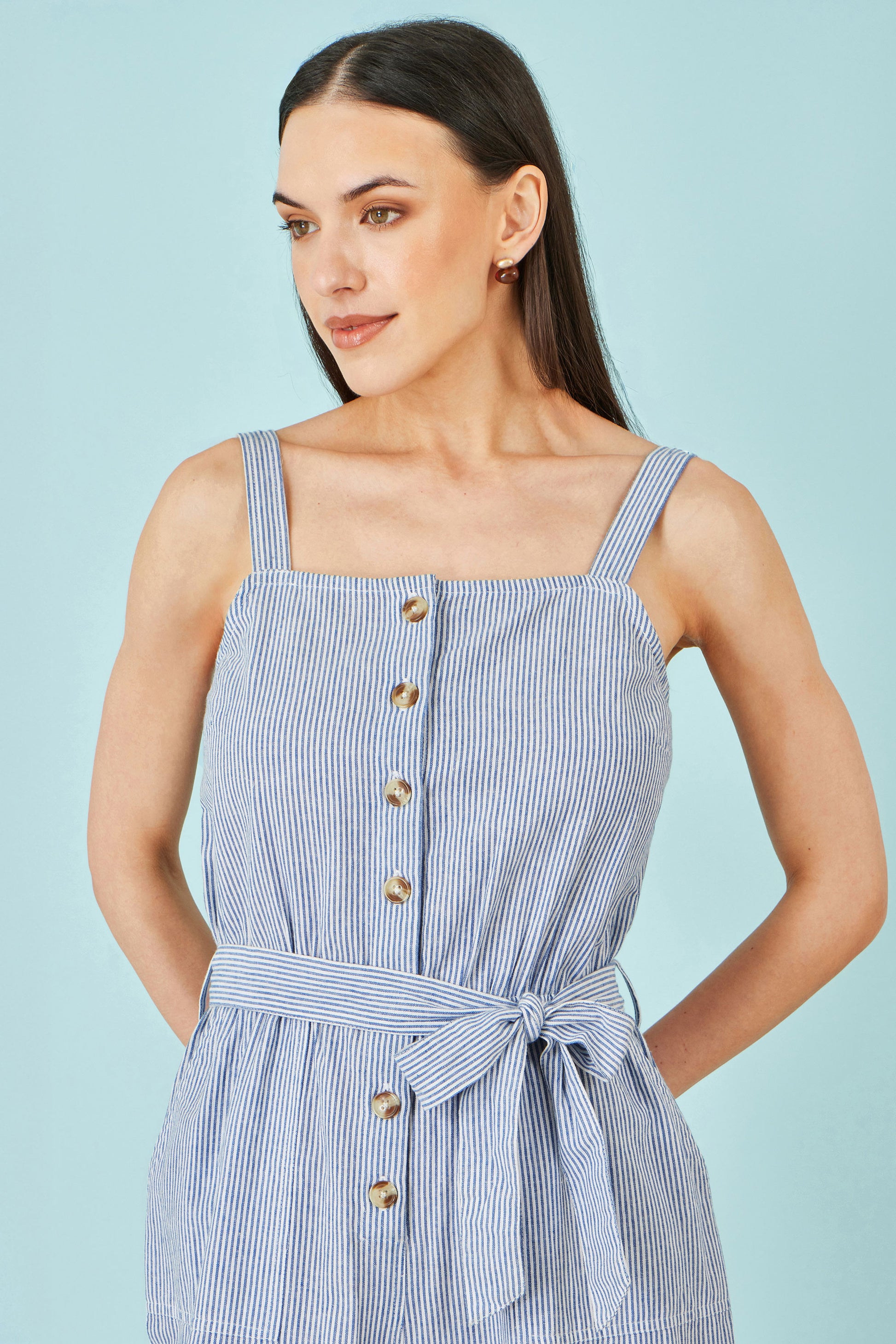 Yumi Blue Cotton Stripe Button Through Jumpsuit JUMPSUIT Yumi