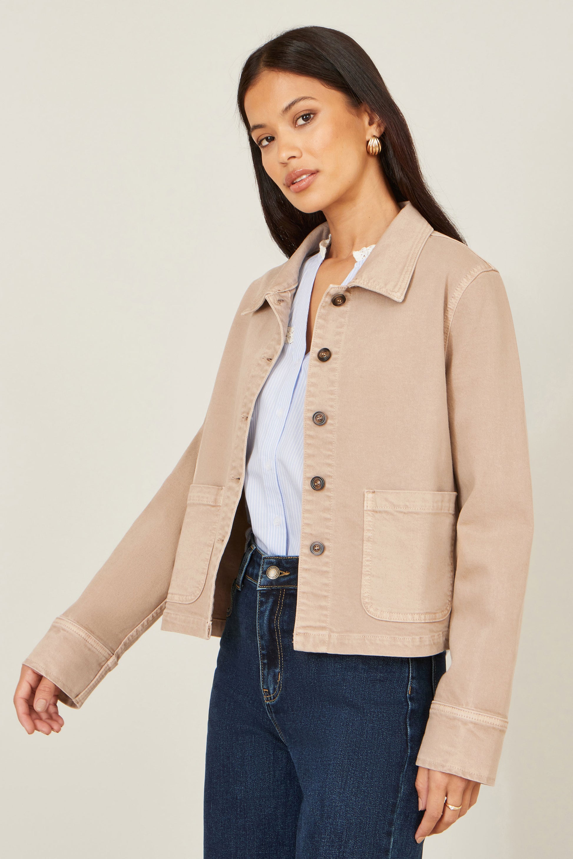 Yumi Beige Canvas Jacket With Patch Pockets Outerwear Yumi