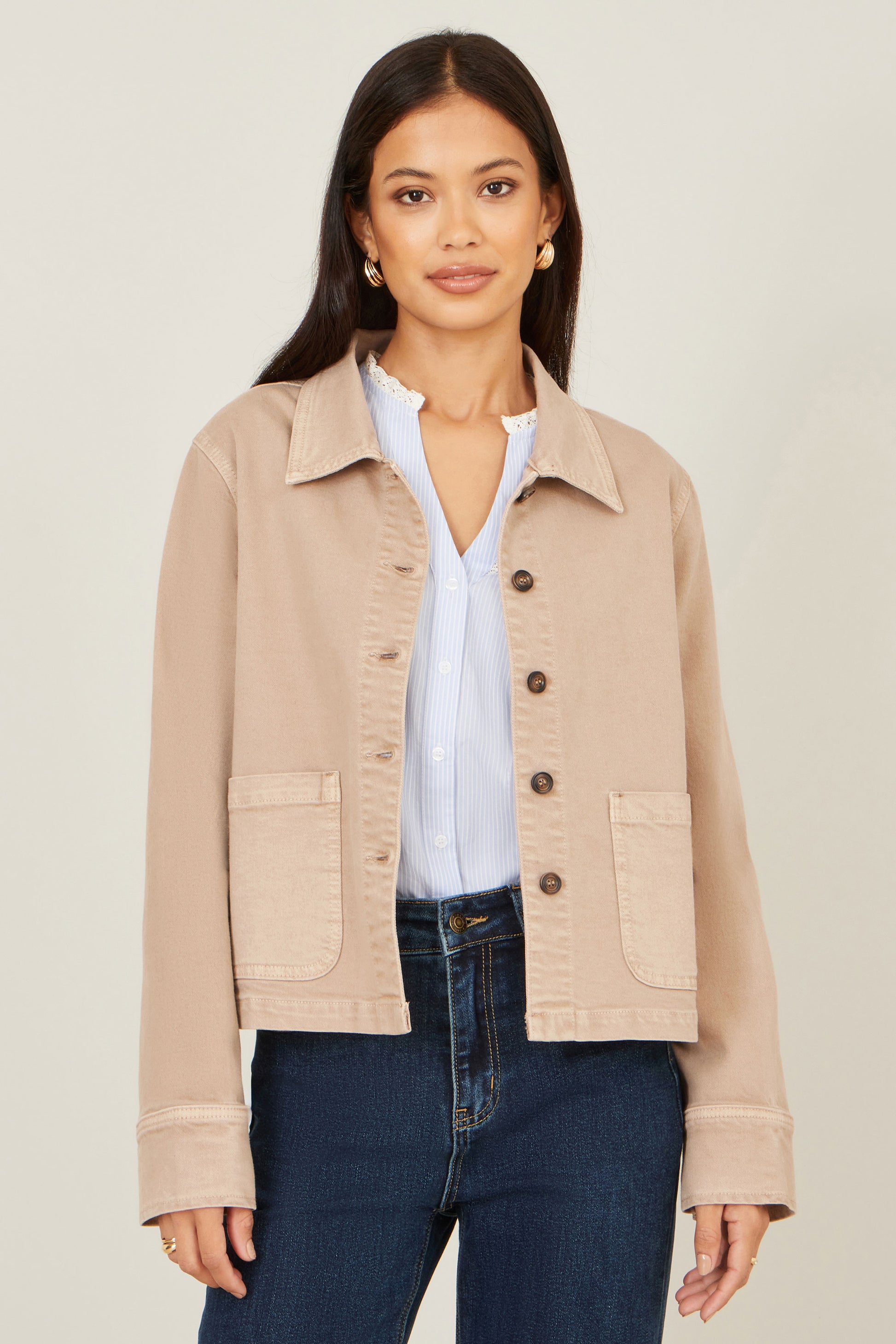 Yumi Beige Canvas Jacket With Patch Pockets Outerwear Yumi